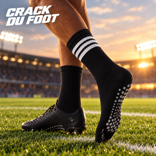 Chaussettes Pro Grip Crack du Foot noires sur terrain de football